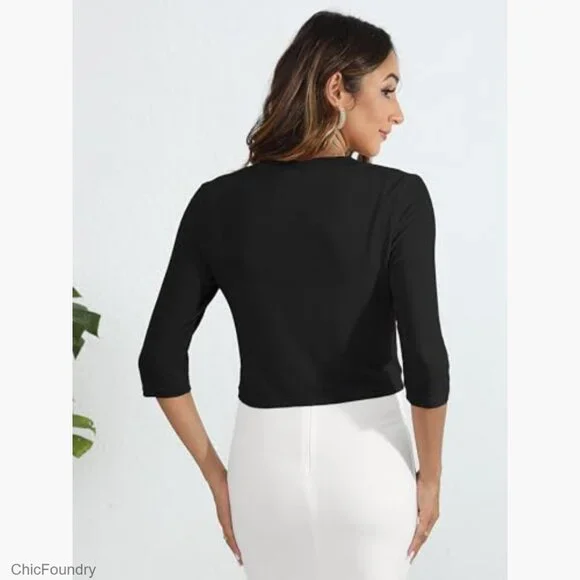 Lightweight 3/4 Sleeve Cropped Cardigan Shrug Open Front Thin Top - Picture 3 of 7